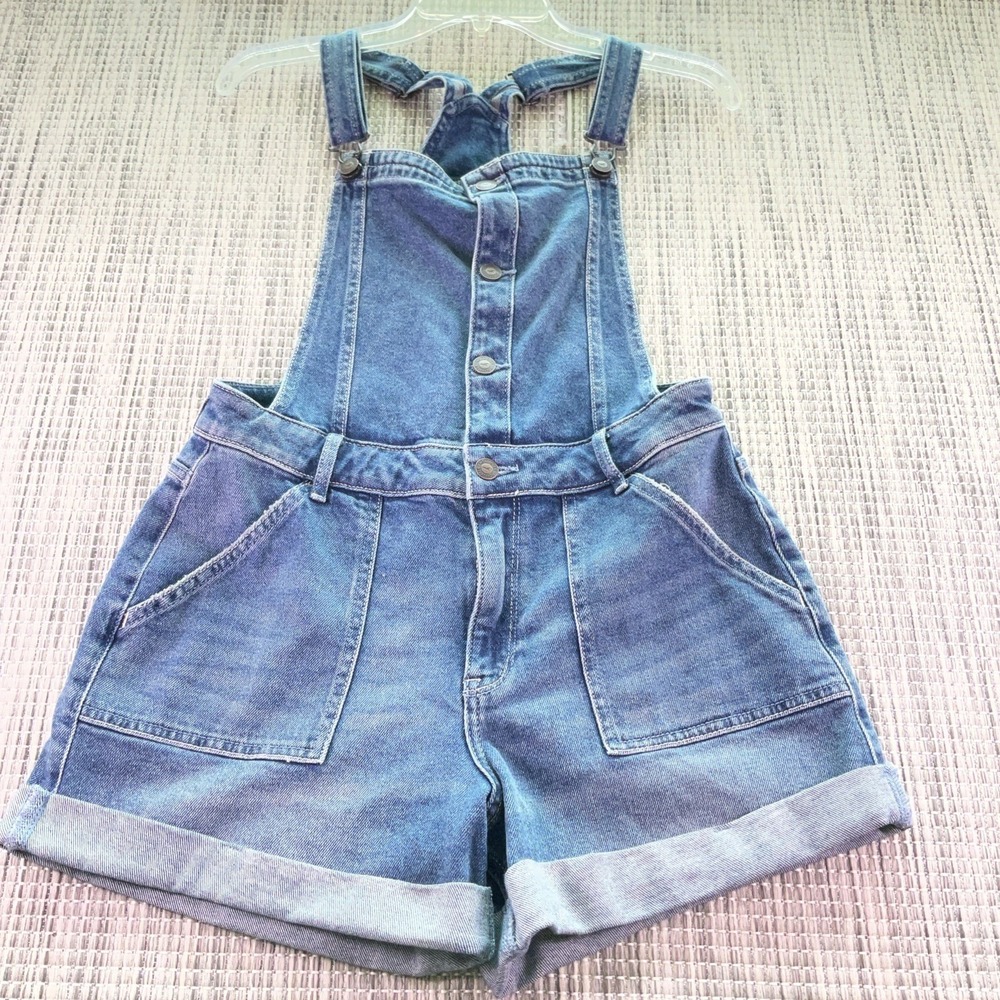 Hollister High-Rise Mom Short Overalls Medium Wash Denim Y2K Vintage Stretch M